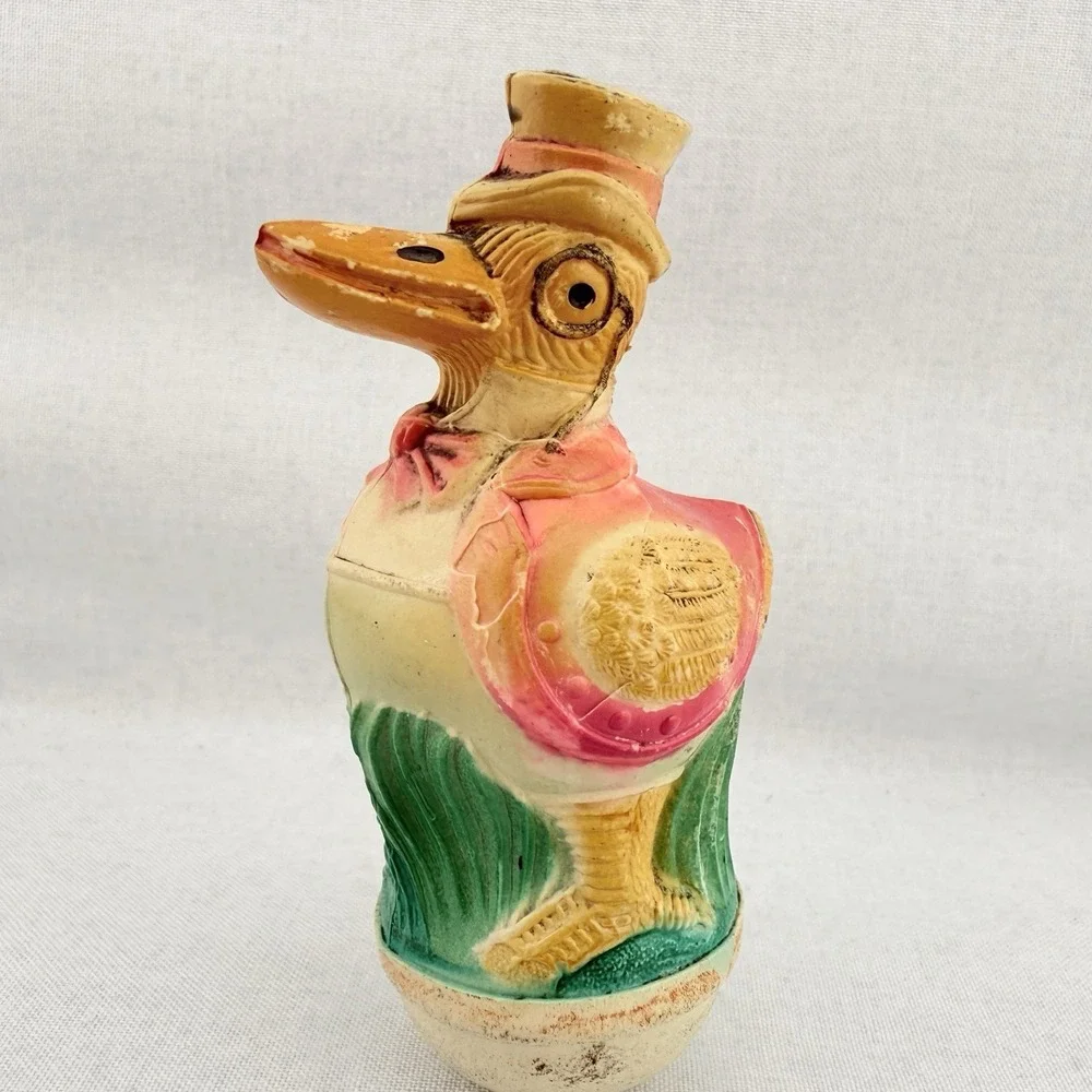 Antique Viscoloid Co Celluloid Duck Dapper Monocle Top Hat Vintage Roly-Poly Toy